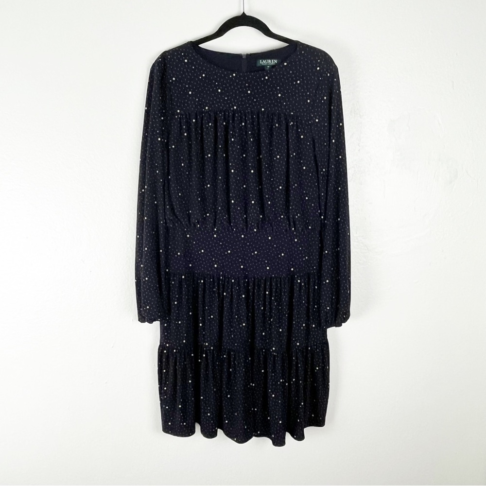 LAUREN RALPH LAUREN Navy Speckled Long Sleeves Tiered Dress Size 14